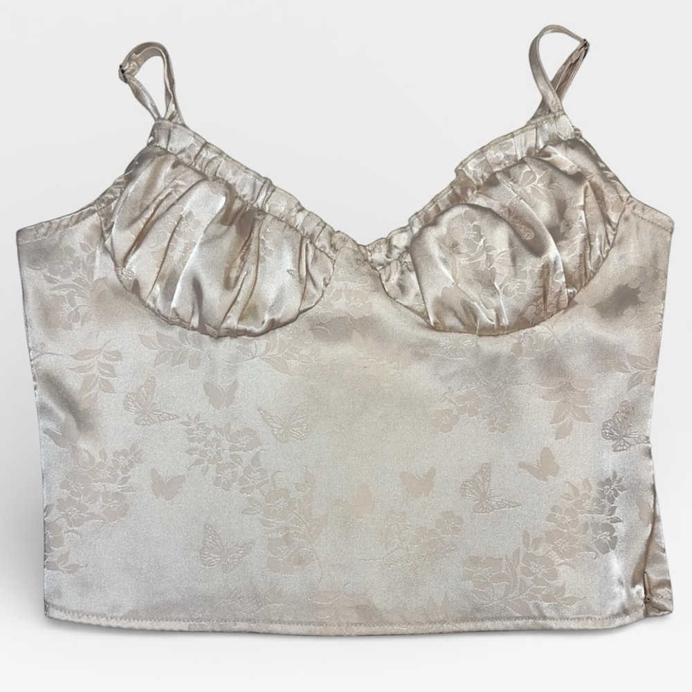 LA Hearts Pacsun Cream Satin Floral Textured Ruffle Camisole Cropped Tank SMALL